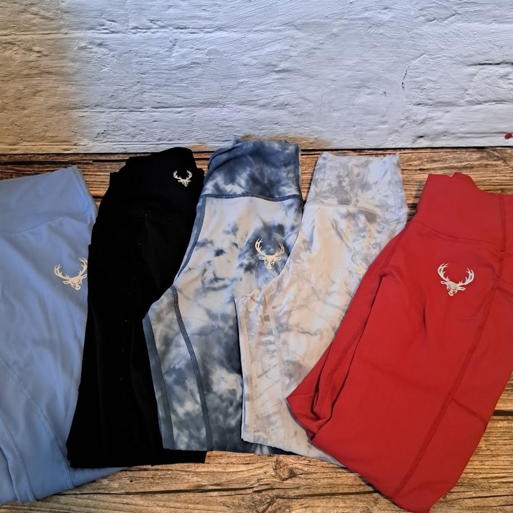 Lot of 5 High Waisted Athletic Leggings with Pockets Stag Logo Tie‎ Dye Solid